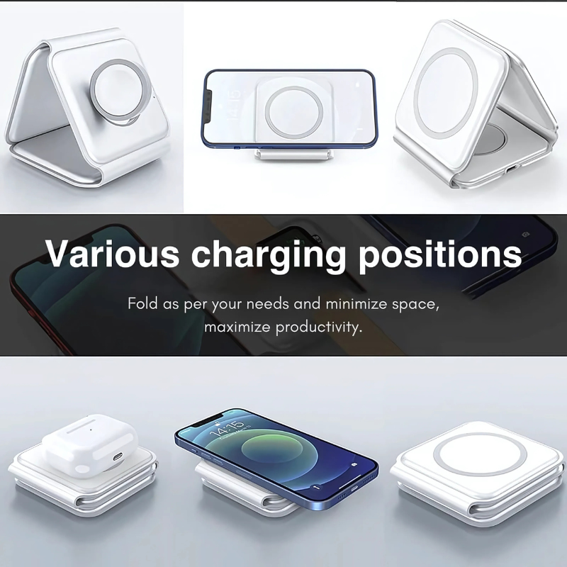 MagTrio: 3-in-1 Foldable MagSafe & Qi2 Compatible Wireless Charger with 15W Fast Charging for iPhone, AirPods & Apple Watch