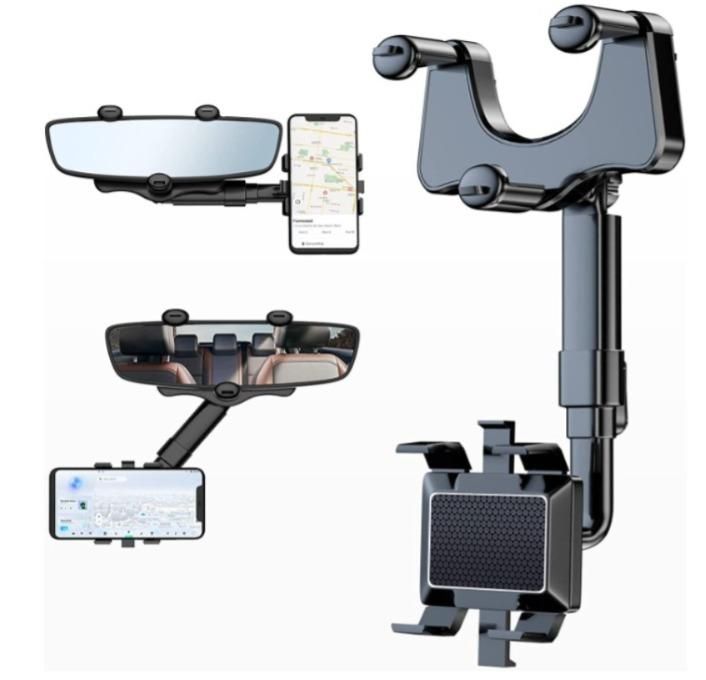 MirrorGrip: 60° Rotating Rearview Mirror Phone Holder with Anti-Shake Cradle & Adjustable Mount for Safe Driving