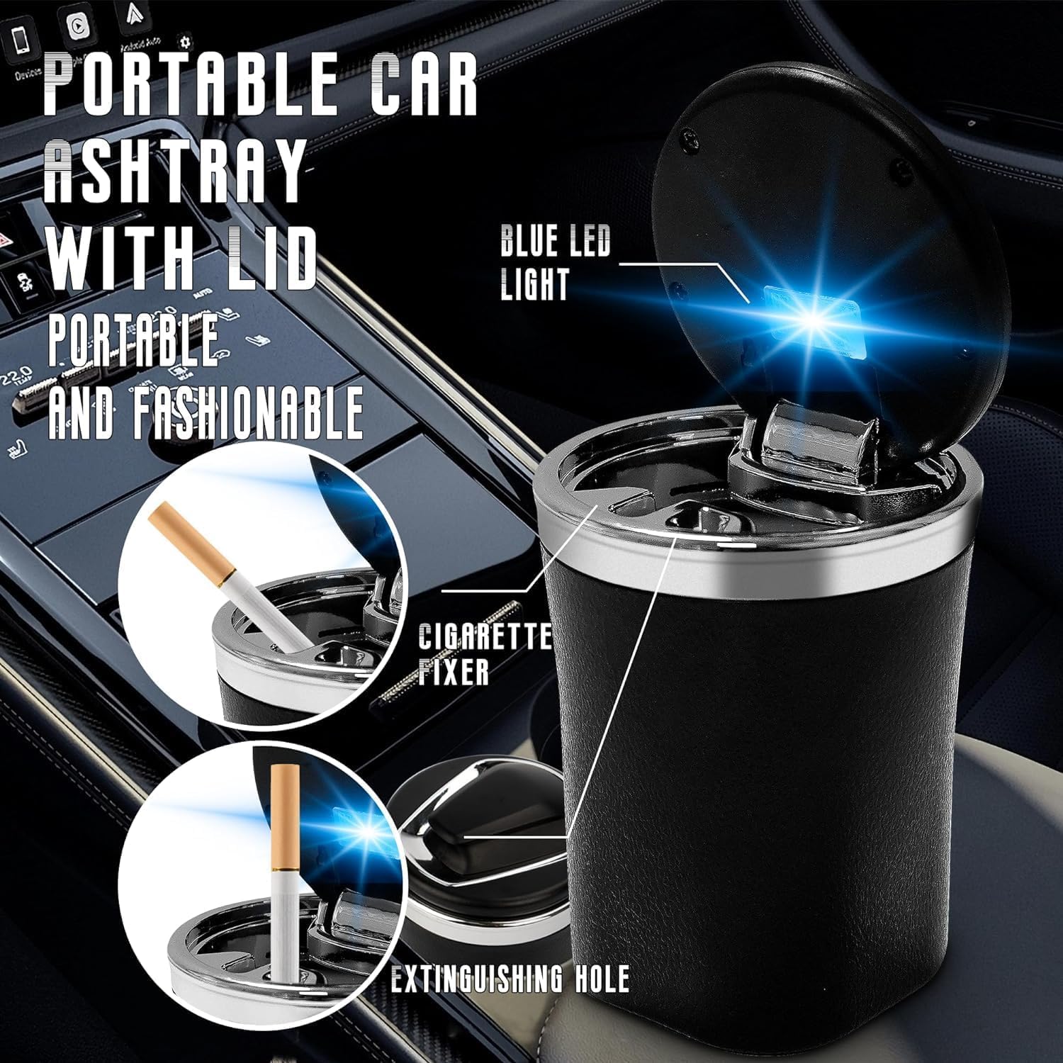 SmokeTrap: Portable Car Ashtray with Smell-Proof Lid & LED Light – Ideal for Cup Holders & Travel Use