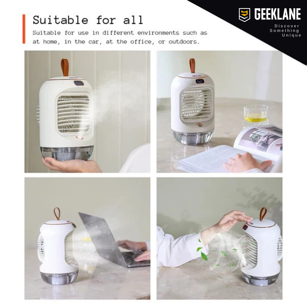 CoolMate: Premium Quality Portable Cooling Fan & Humidifier, 3 Speeds, 280ml Mist, Night Light, 90° Rotation, USB Rechargeable (3600mAh) for Personal Cooling.