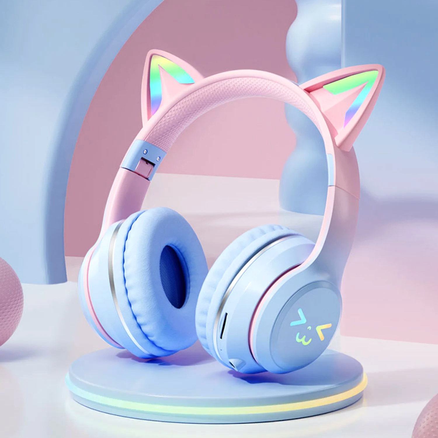 KittyHead: Wireless Cat Ear Headset with RGB LED Lights, Foldable Design headphone for PC, Tablet & Mobile