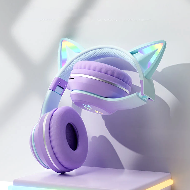 KittyHead: Wireless Cat Ear Headset with RGB LED Lights, Foldable Design headphone for PC, Tablet & Mobile