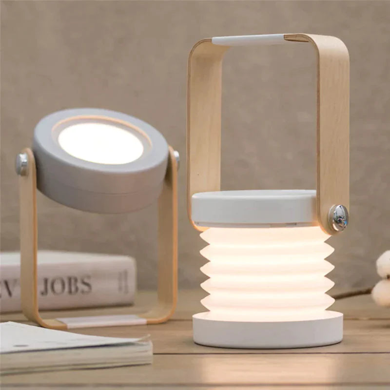 FlexiGlow: Modern 2-in-1 Rechargeable LED Lantern with Foldable Design, Dimmable Touch Control & Portable Wooden Handle