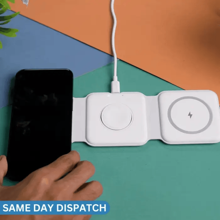 MagTrio: 3-in-1 Foldable MagSafe & Qi2 Compatible Wireless Charger with 15W Fast Charging for iPhone, AirPods & Apple Watch