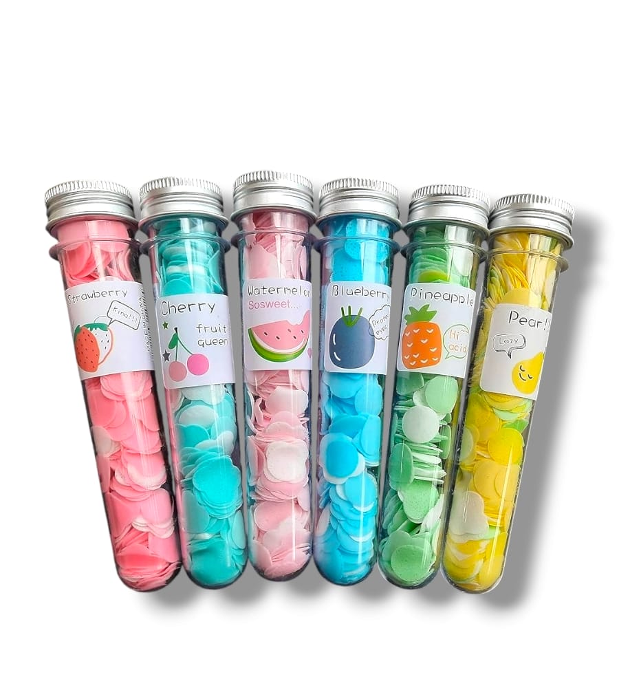 FruityClean: Set of 3 Cute Travel-Friendly Hand Soap Paper Flake Tubes – Perfect for On-the-Go Hygiene