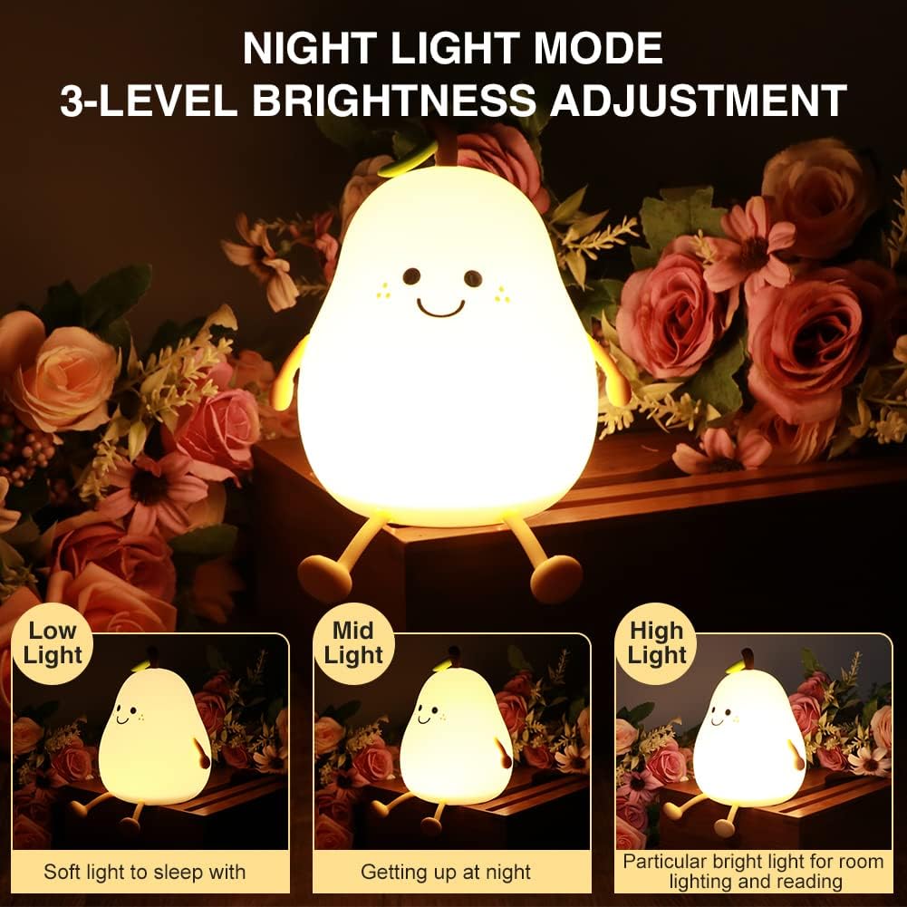 Charm: Portable Squishy Silicone Pear Night Lamp – Touch-Control LED with 7-Color Modes, USB-C Rechargeable for Kids' Bedroom & Nursery