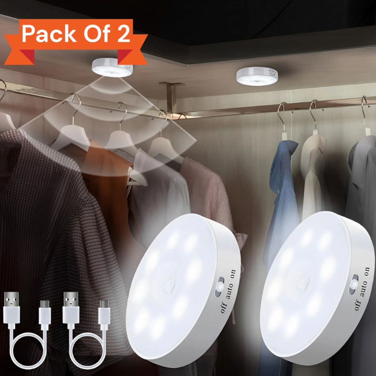 Lumiq: Motion Sensor LED Night Light, USB Rechargeable, Auto-On Cabinet Light with Warm Glow for Wardrobe, Stairs, Hallway, Kitchen & Closet Use