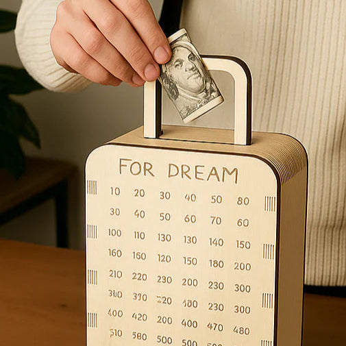 DreamVault: Wooden Travel Fund Savings Box with Count, Decorative Suitcase Piggy Bank for Vacation Goals, Coins & Notes, Perfect Gift for Kids & Adults