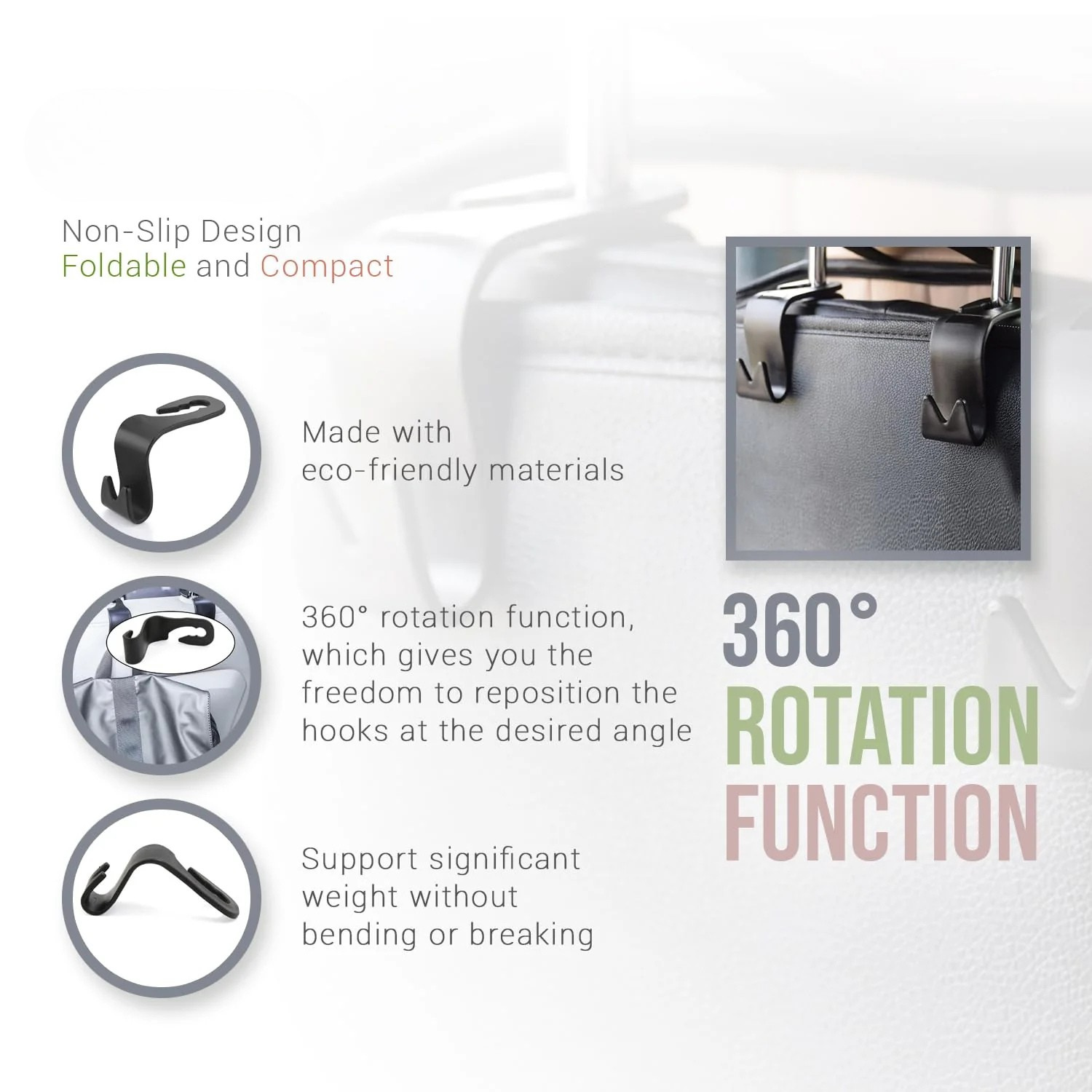 Holdie: 4-in-1 Car Seat Headrest Hooks – Heavy-Duty Hangers for Organizing Bags, Groceries, Purses & Accessories Without Spills (Set of 4)