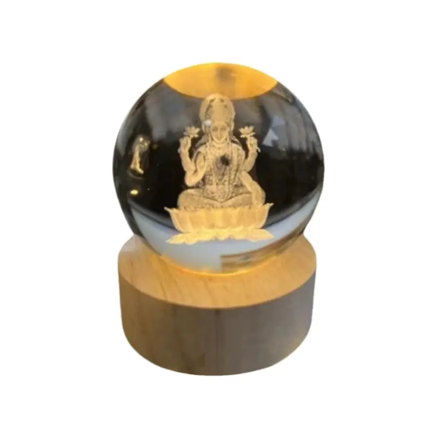 Laxmi: 3D LED Laxmi Ji Crystal Ball Night Lamp with USB-Powered Glow & Wooden Base for Mandir, Home & Office Décor