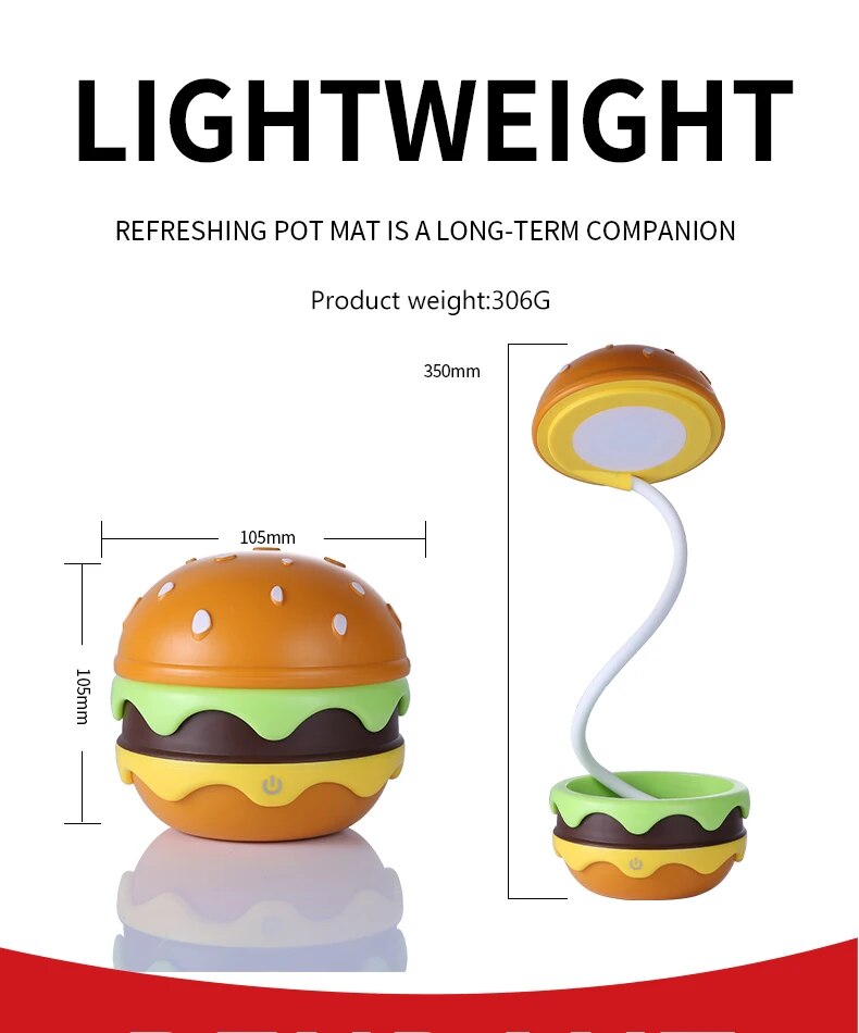 Borgir: Quirky Decor Burger Shaped Folding LED Table Lamp USB-C Rechargeable Cute Design Night Light