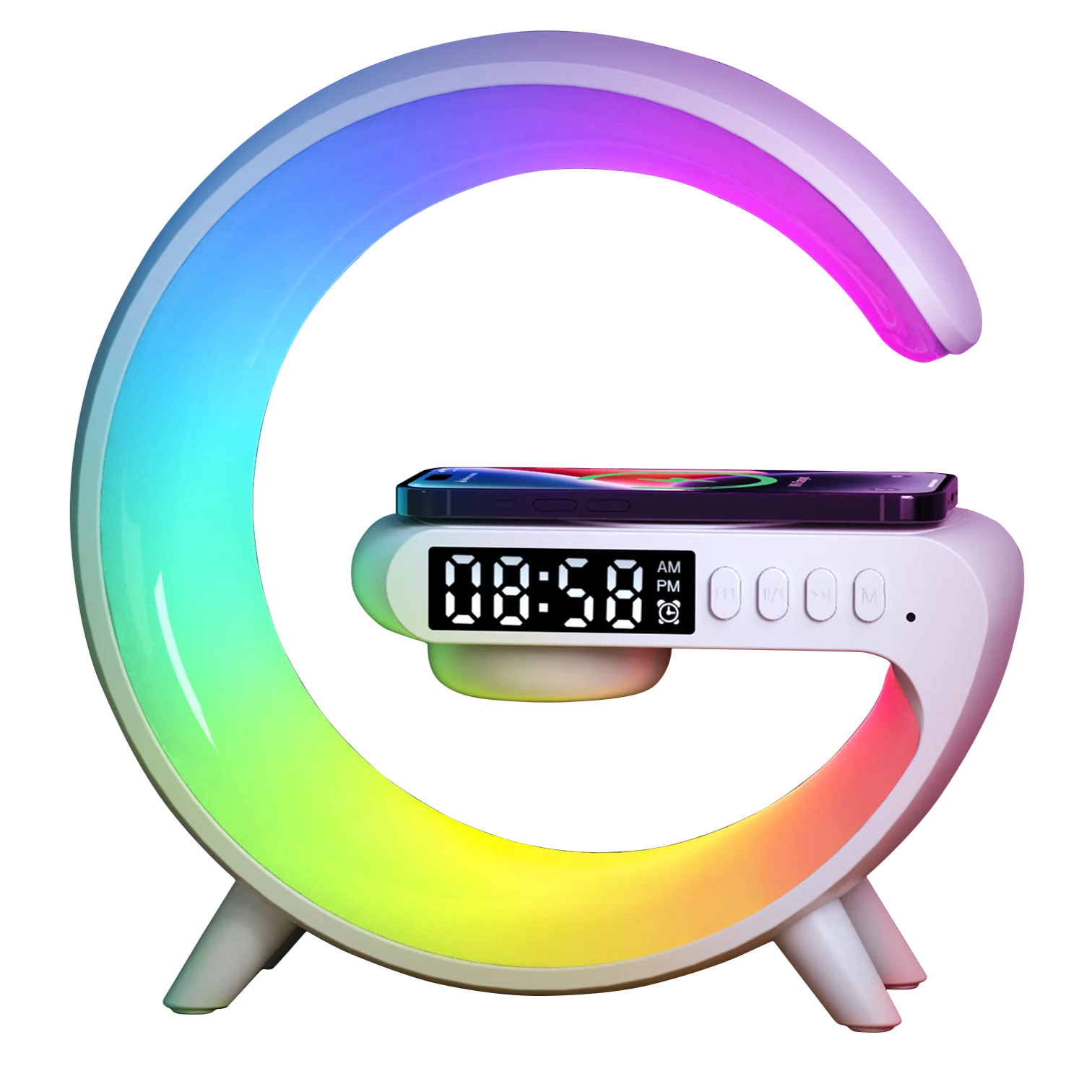 GoobleMini: G-Shaped RGB Atmosphere Lamp with 15W Wireless Charger, Bluetooth Speaker, Alarm Clock Desk Light for Bedside Room Décor