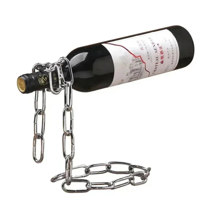 Levino: Optical Illusion Wine Bottle Holder with  Floating Chain Design, Tabletop Metal Wine Rack Holder, Unique Home Decor for Bar & Kitchen