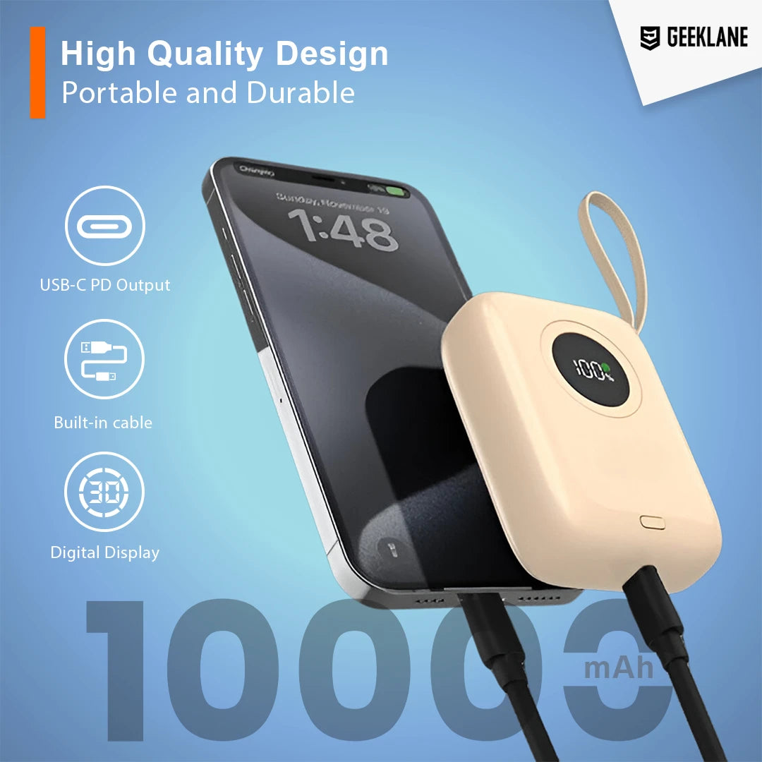 Pebble: Palm Sized Power Bank with Built-In Cable & PD 10000mAh