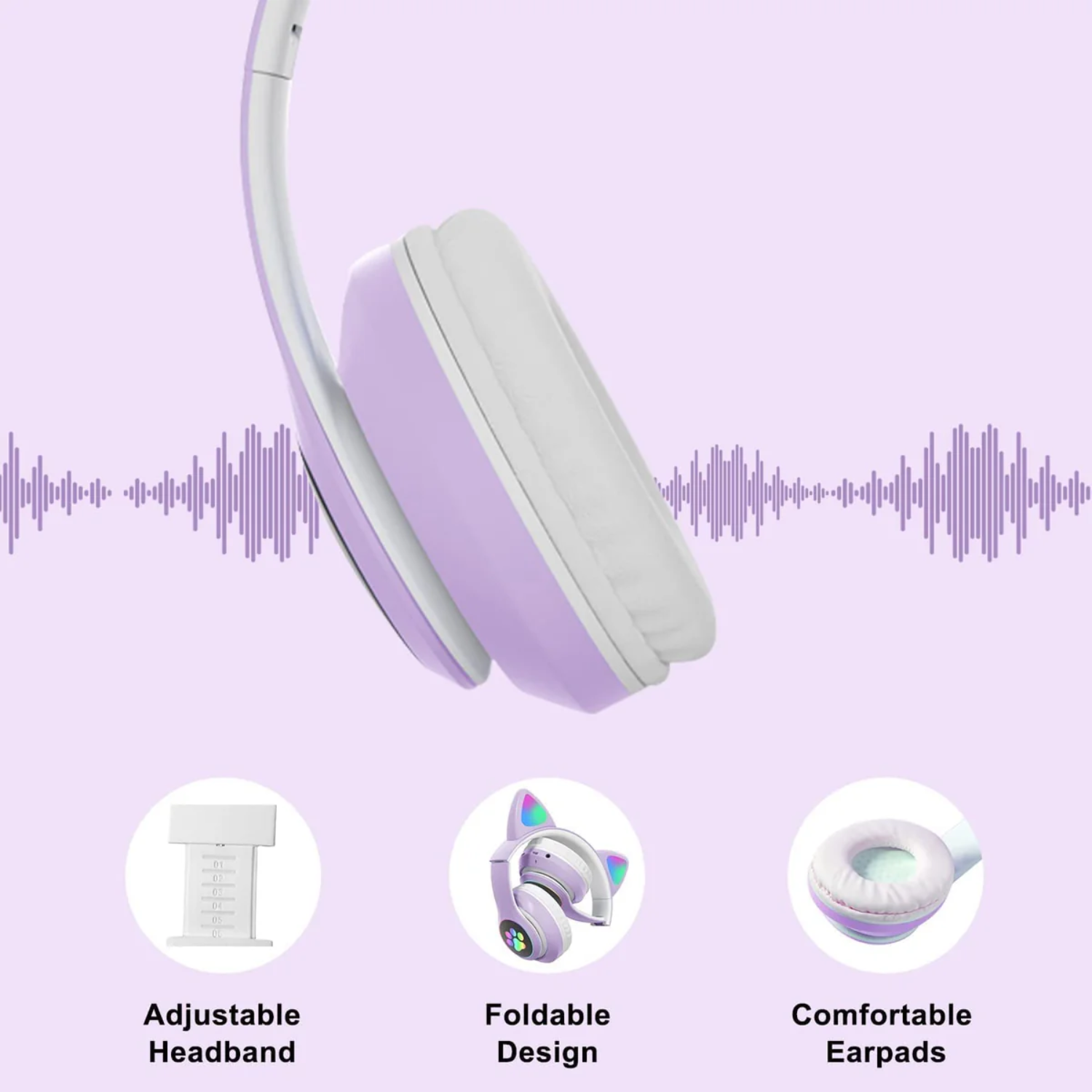 PurrStar: Cat Ear Bluetooth Headphones with LED Lights & Mic, Wireless Over-Ear Headphones with Microphone, Cute Kitty Design for Music & Gaming (Assorted Colour)