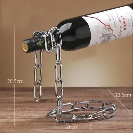 Levino: Optical Illusion Wine Bottle Holder with  Floating Chain Design, Tabletop Metal Wine Rack Holder, Unique Home Decor for Bar & Kitchen