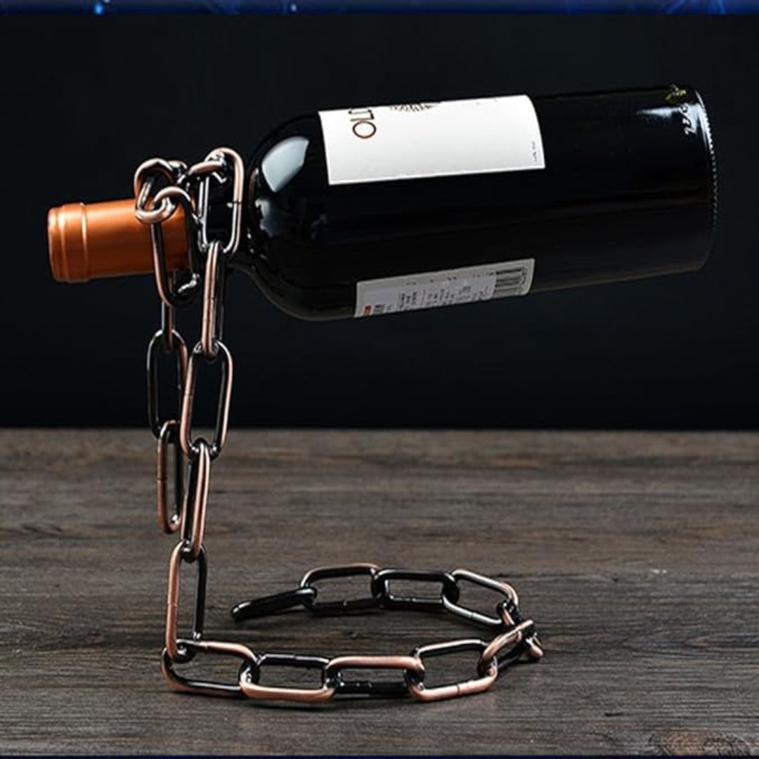 Levino: Optical Illusion Wine Bottle Holder with  Floating Chain Design, Tabletop Metal Wine Rack Holder, Unique Home Decor for Bar & Kitchen