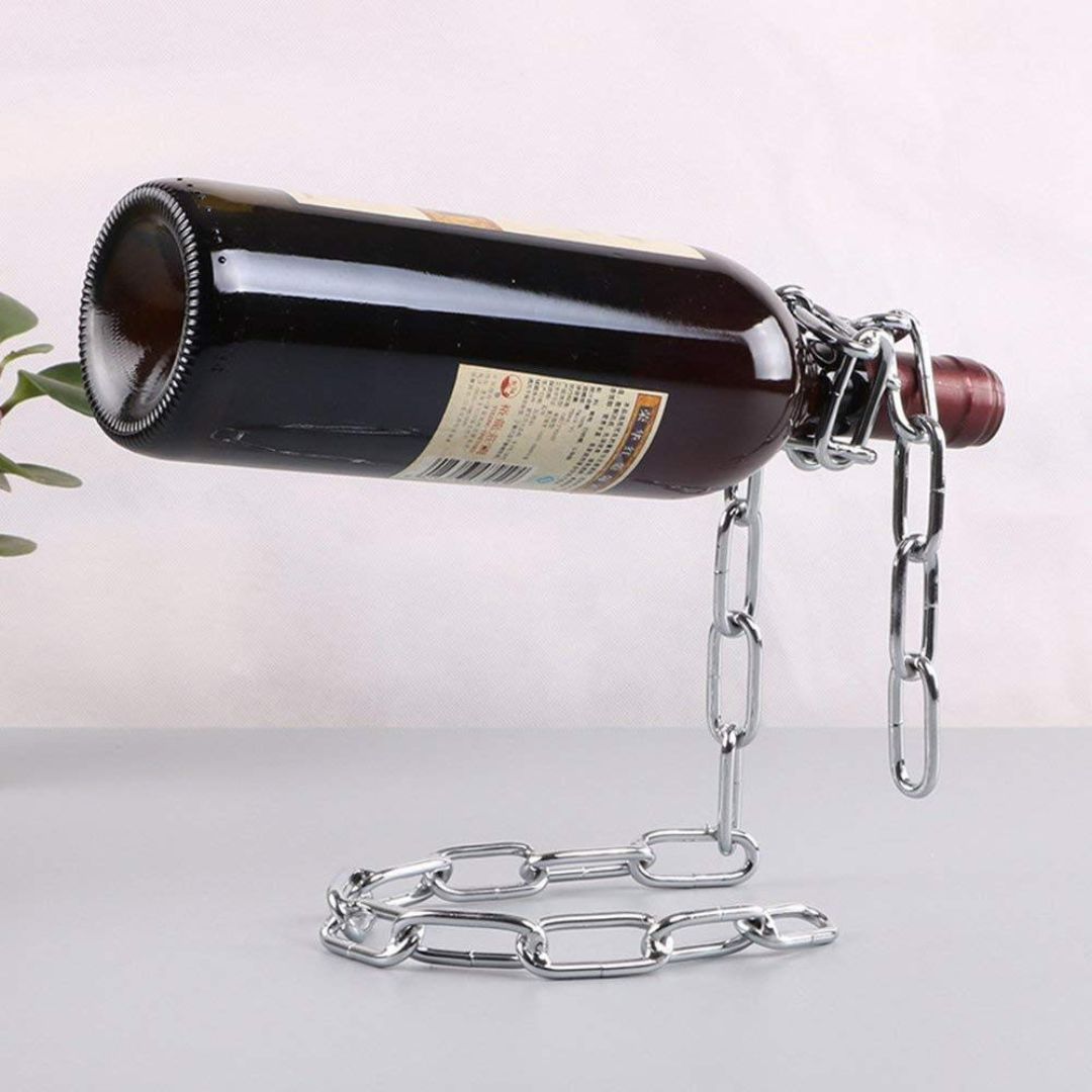 Levino: Optical Illusion Wine Bottle Holder with  Floating Chain Design, Tabletop Metal Wine Rack Holder, Unique Home Decor for Bar & Kitchen