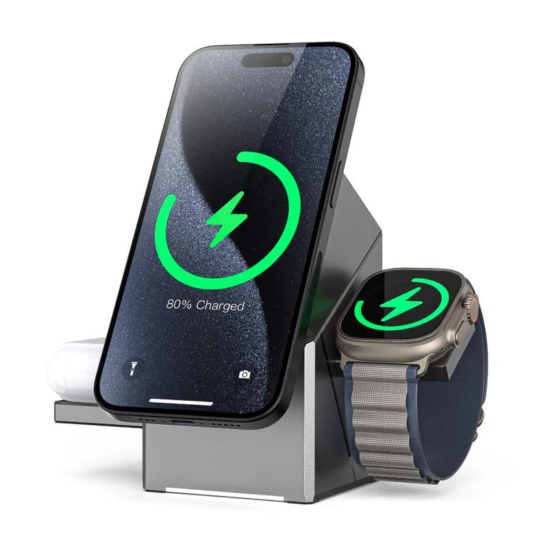 Orbix: 3-in-1 Qi2 Futuristic Magnetic Wireless Charging Station with 15W Fast Charging, MagSafe-Compatible Dock for iPhone, Apple Watch & AirPods
