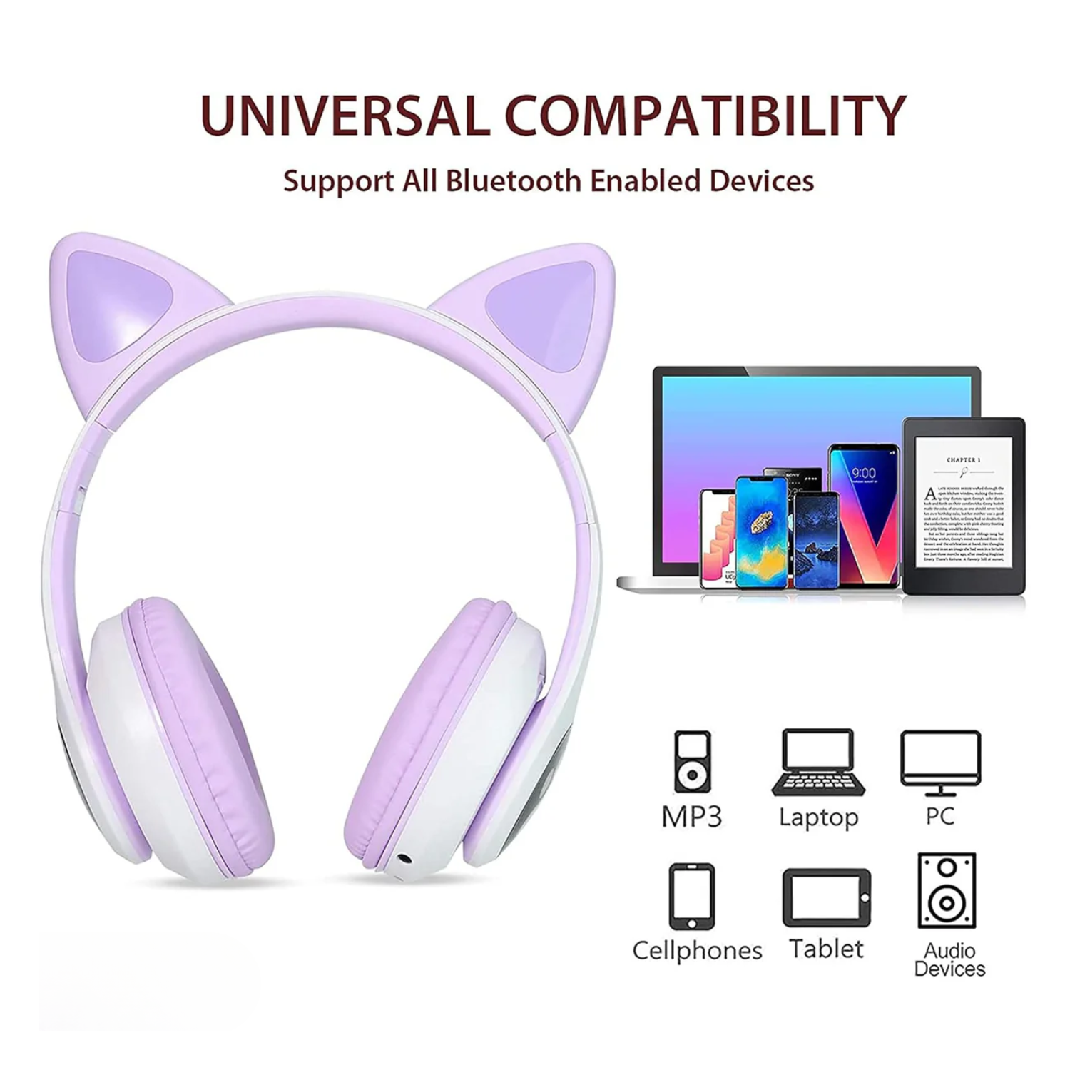 PurrStar: Cat Ear Bluetooth Headphones with LED Lights & Mic, Wireless Over-Ear Headphones with Microphone, Cute Kitty Design for Music & Gaming (Assorted Colour)