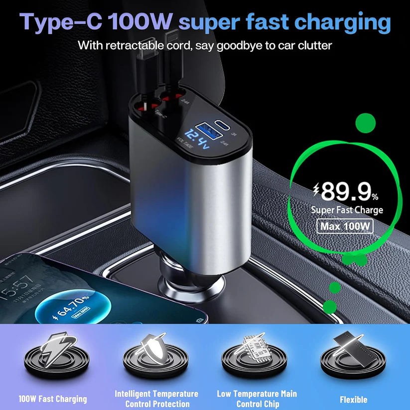 Terminal Volt: 4-in-1 Retractable Car Charger with Voltmeter, QC & PD