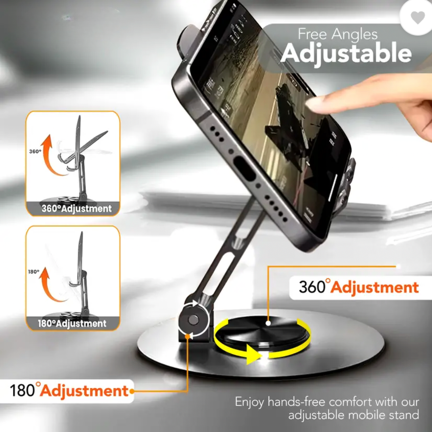 Axis: Adjustable Universal Mobile & Tablet Stand, 360° Rotating, Foldable Phone Holder with Stable Metal Base, Anti-Slip Pad & Height Adjustment for Desk & Tabletop Use