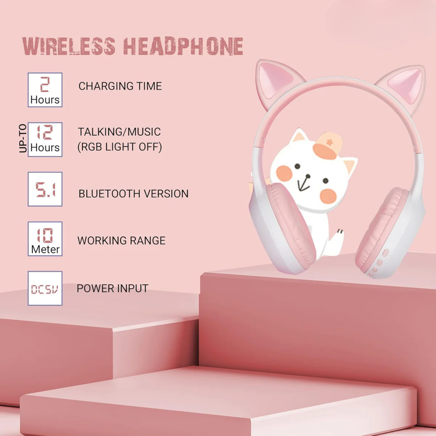 PurrStar: Cat Ear Bluetooth Headphones with LED Lights & Mic, Wireless Over-Ear Headphones with Microphone, Cute Kitty Design for Music & Gaming (Assorted Colour)
