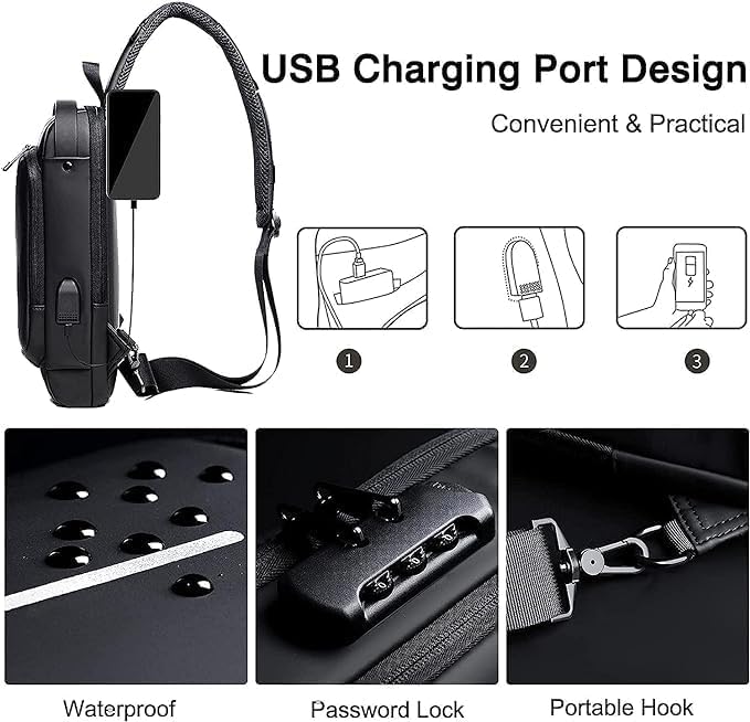 Shield: Anti-Theft Crossbody Messenger Sling Bag Waterproof Gadget Chest Bag with TSA Lock & USB Charging Port for Power Bank Attachment