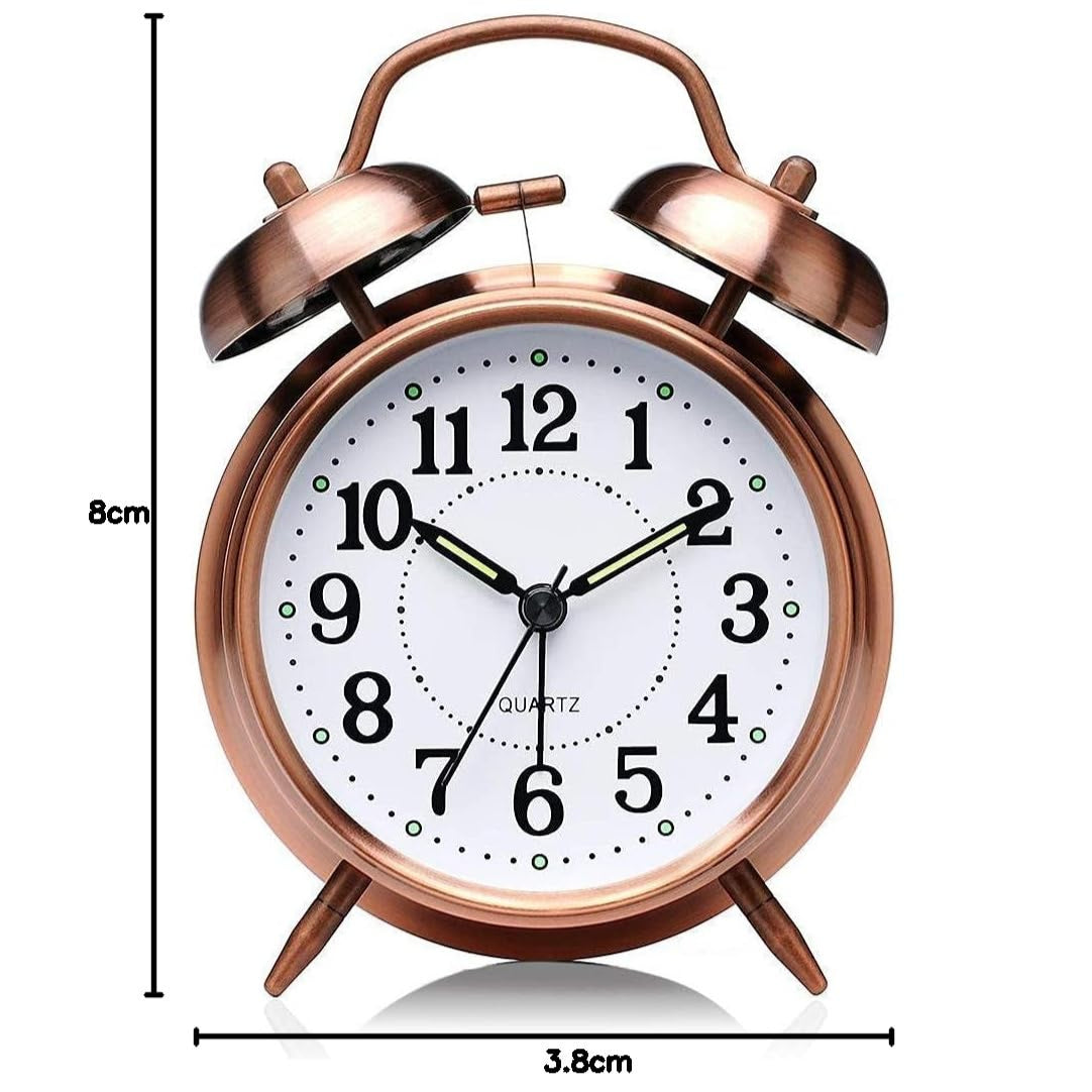 Tringg: Vintage Copper Table Alarm Clock with Mechanical Twin Bells, Retro Analog Desk Clock with Night LED Light for Bedroom Décor