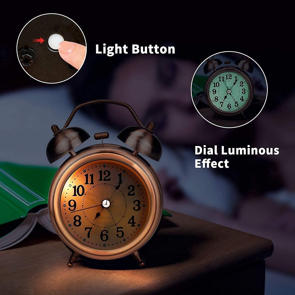 Tringg: Vintage Copper Table Alarm Clock with Mechanical Twin Bells, Retro Analog Desk Clock with Night LED Light for Bedroom Décor