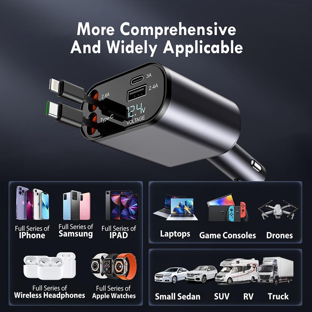 Terminal Volt: 4-in-1 Retractable Car Charger with Voltmeter, QC & PD