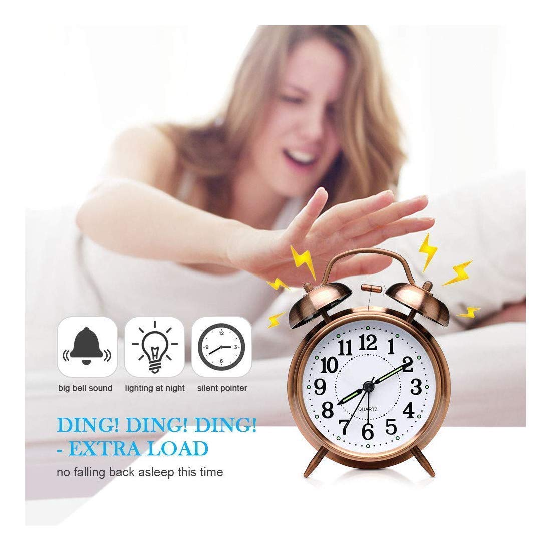 Tringg: Vintage Copper Table Alarm Clock with Mechanical Twin Bells, Retro Analog Desk Clock with Night LED Light for Bedroom Décor