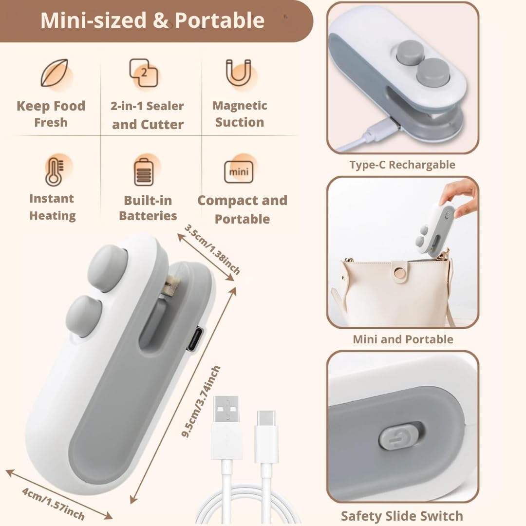 Sealy: 2-in-1  Mini Bag Sealer & Cutter, USB-C Rechargeable Portable Handheld Food Storage Sealing Machine for Snacks, Chips & Plastic Packets