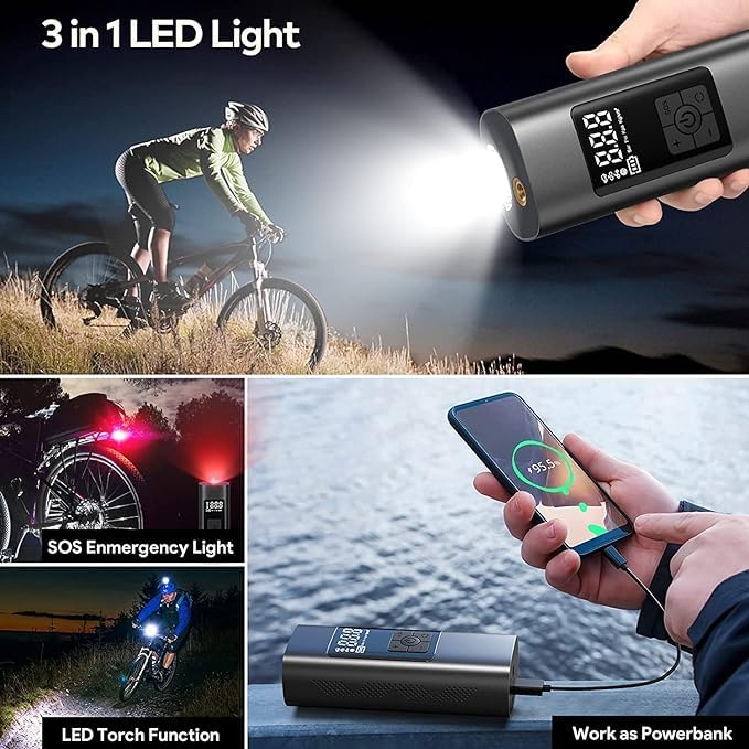 Inflato: Portable Tire Inflator & Power Bank – 150PSI Air Pump with Digital Gauge, LED Light, Heat Dissipation & 8000mAh Battery for Bikes, Cars & Emergencies