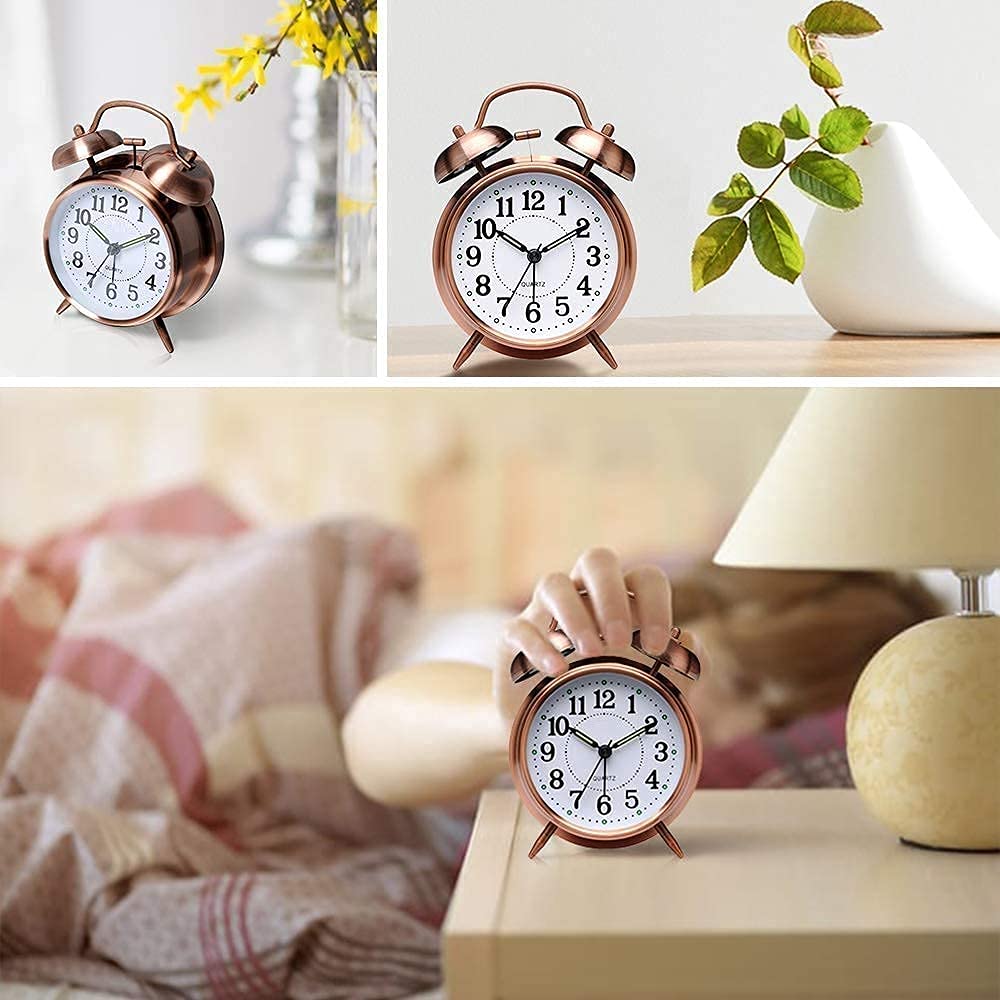 Tringg: Vintage Copper Table Alarm Clock with Mechanical Twin Bells, Retro Analog Desk Clock with Night LED Light for Bedroom Décor