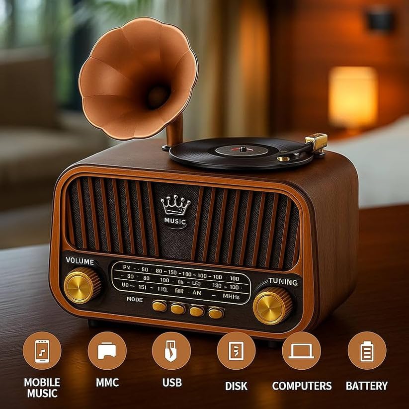 Grammy: Retro Gramophone Bluetooth Speaker with Classic Horn Design, Portable  Music Player with FM/AM/SW Radio, USB & TF Card Support, Deep Bass Sound