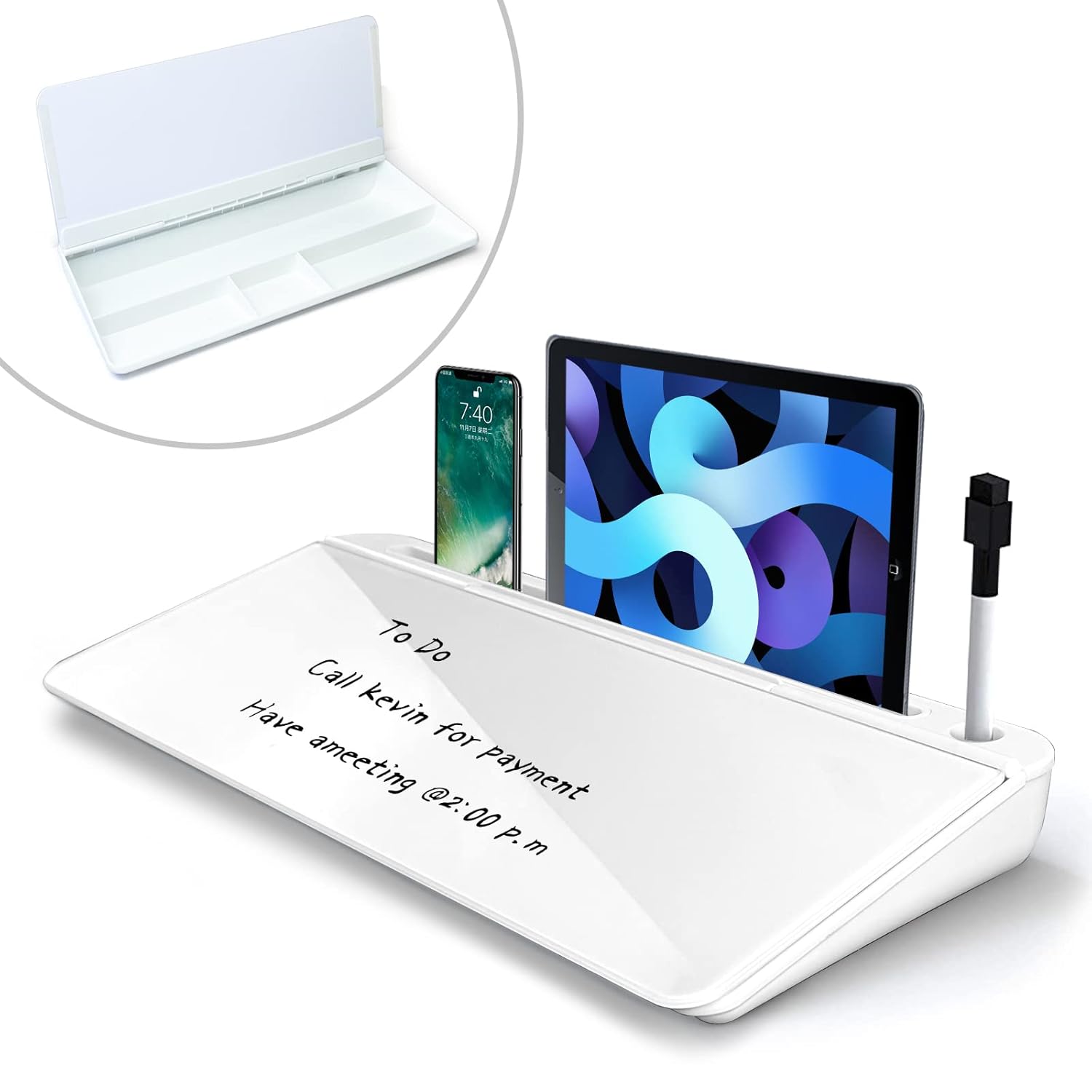 Deskie: Versatile Desktop White Board & Organizer with Glass Writing Board, Storage & Phone/Tablet Stand, for Home & Office