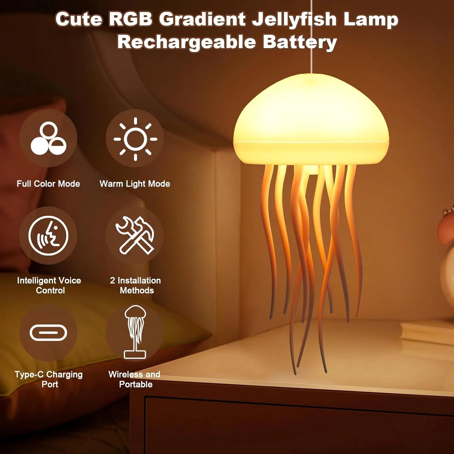 Jelly: TikTok Viral RGB Jellyfish Lamp with Voice Control & USB-C Rechargeable (Hanging + Base)