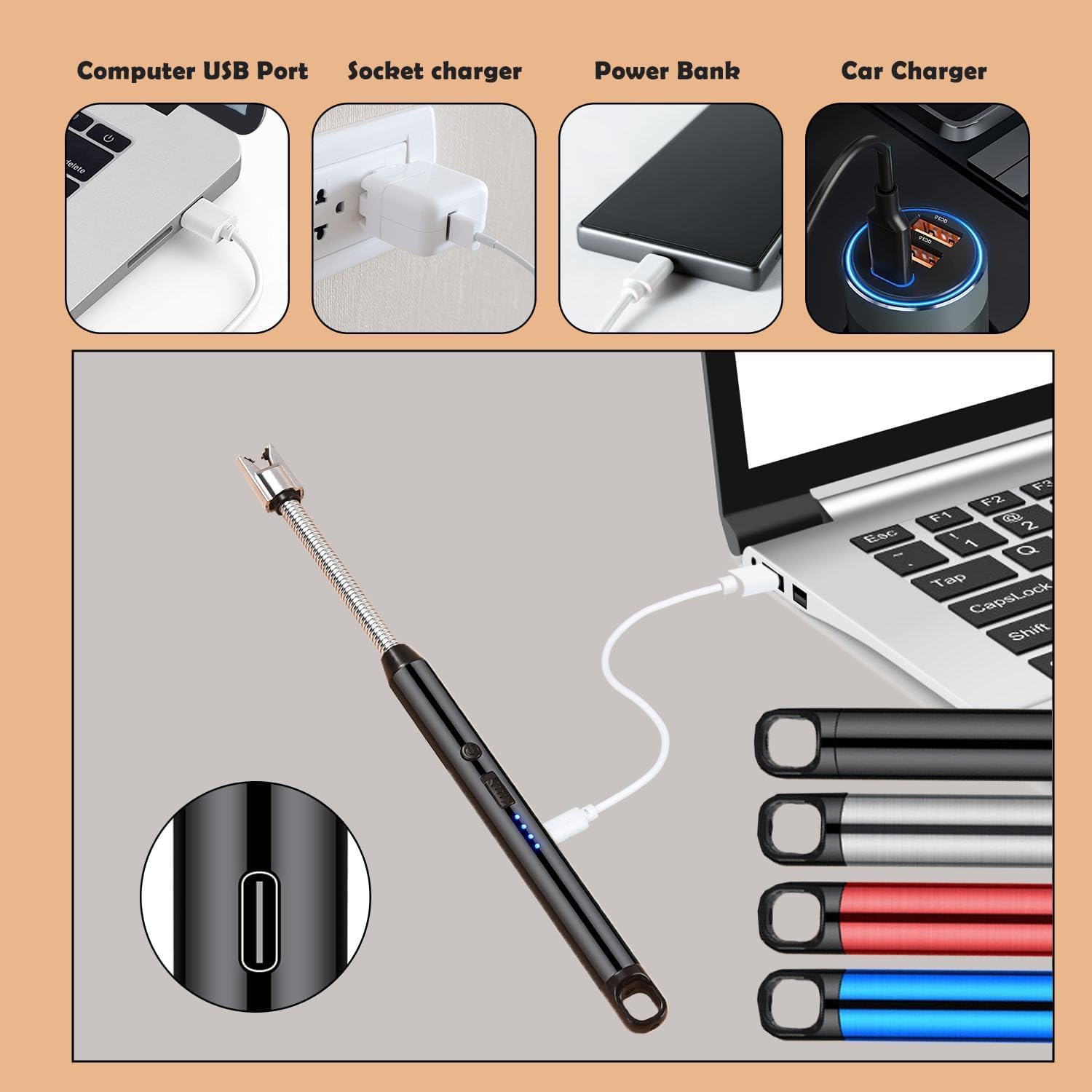 Flarex: USB-C Rechargeable Electric Arc Lighter, Windproof, Flameless & Flexible Neck Lighter for Candles, BBQ, Gas Stove & Outdoor Use