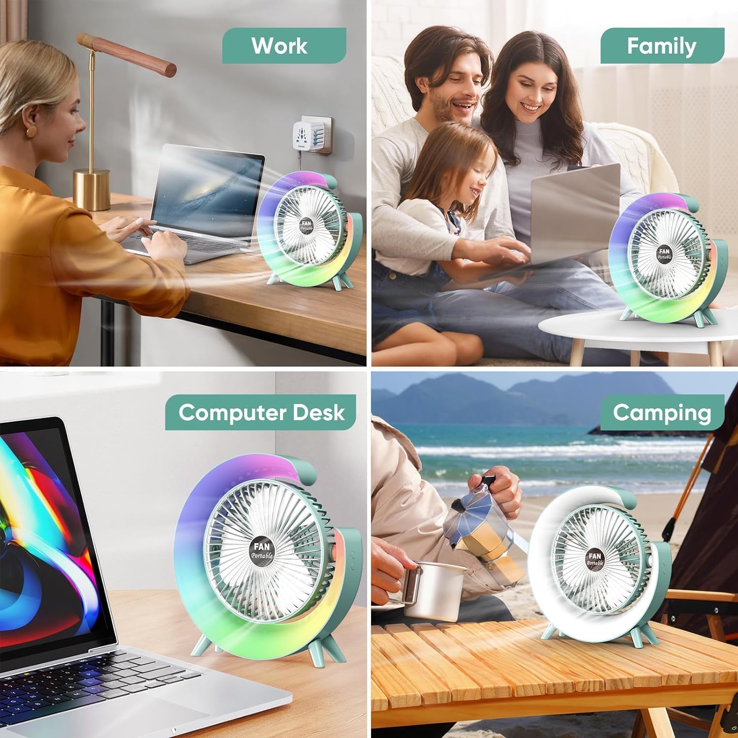 GFan: RGB LED Rechargeable Desk Fan with 3 Speeds – 180° Adjustable, USB Charging & 4-Hour Backup for Table, Office & Travel Use