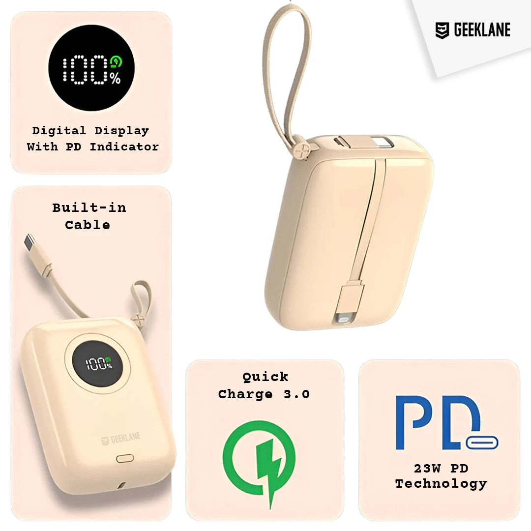 Pebble: Palm Sized Power Bank with Built-In Cable & PD 10000mAh