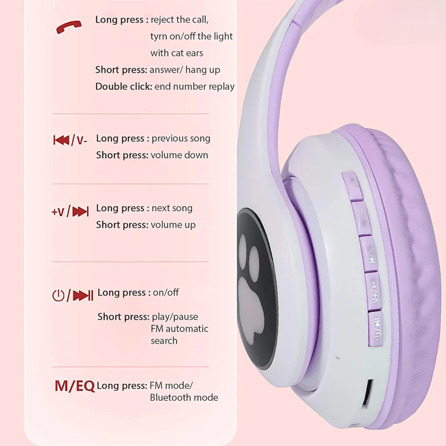 PurrStar: Cat Ear Bluetooth Headphones with LED Lights & Mic, Wireless Over-Ear Headphones with Microphone, Cute Kitty Design for Music & Gaming (Assorted Colour)
