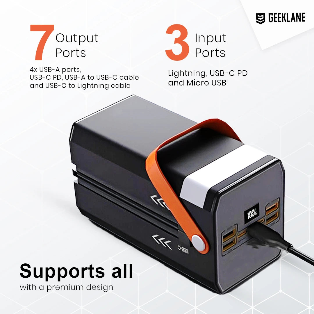 Bunker: 100,000mAh (1 Lakh mAh) Ultra-High Capacity Li-Po Power Bank with 7 Outputs, PD 3.0 Fast Charging, Built-in Type-C & Lightning Cables & Torch