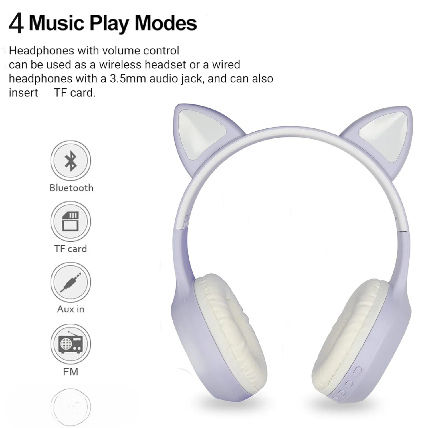 PurrStar: Cat Ear Bluetooth Headphones with LED Lights & Mic, Wireless Over-Ear Headphones with Microphone, Cute Kitty Design for Music & Gaming (Assorted Colour)