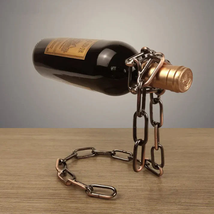 Levino: Optical Illusion Wine Bottle Holder with  Floating Chain Design, Tabletop Metal Wine Rack Holder, Unique Home Decor for Bar & Kitchen