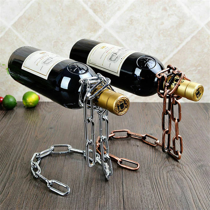 Levino: Optical Illusion Wine Bottle Holder with Floating Chain Design, Tabletop Metal Wine Rack Holder, Unique Home Decor for Bar & Kitchen