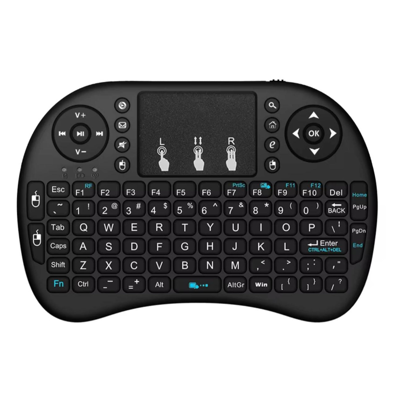 Black wireless keyboard with touchpad on a white background