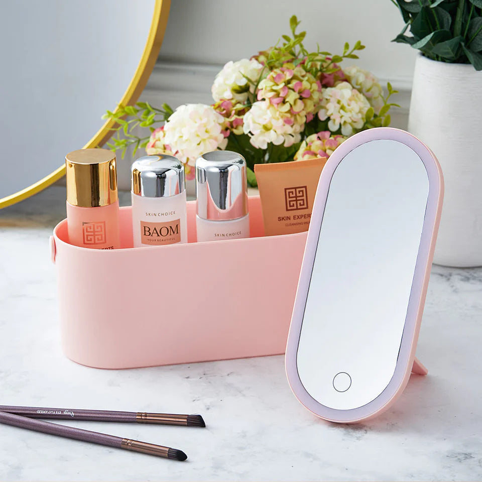 GlowPort: Cosmetic Organiser Box Makeup Storage Case with Detachable LED Mirror & Handle, Portable Vanity Case (USB-C Charging)