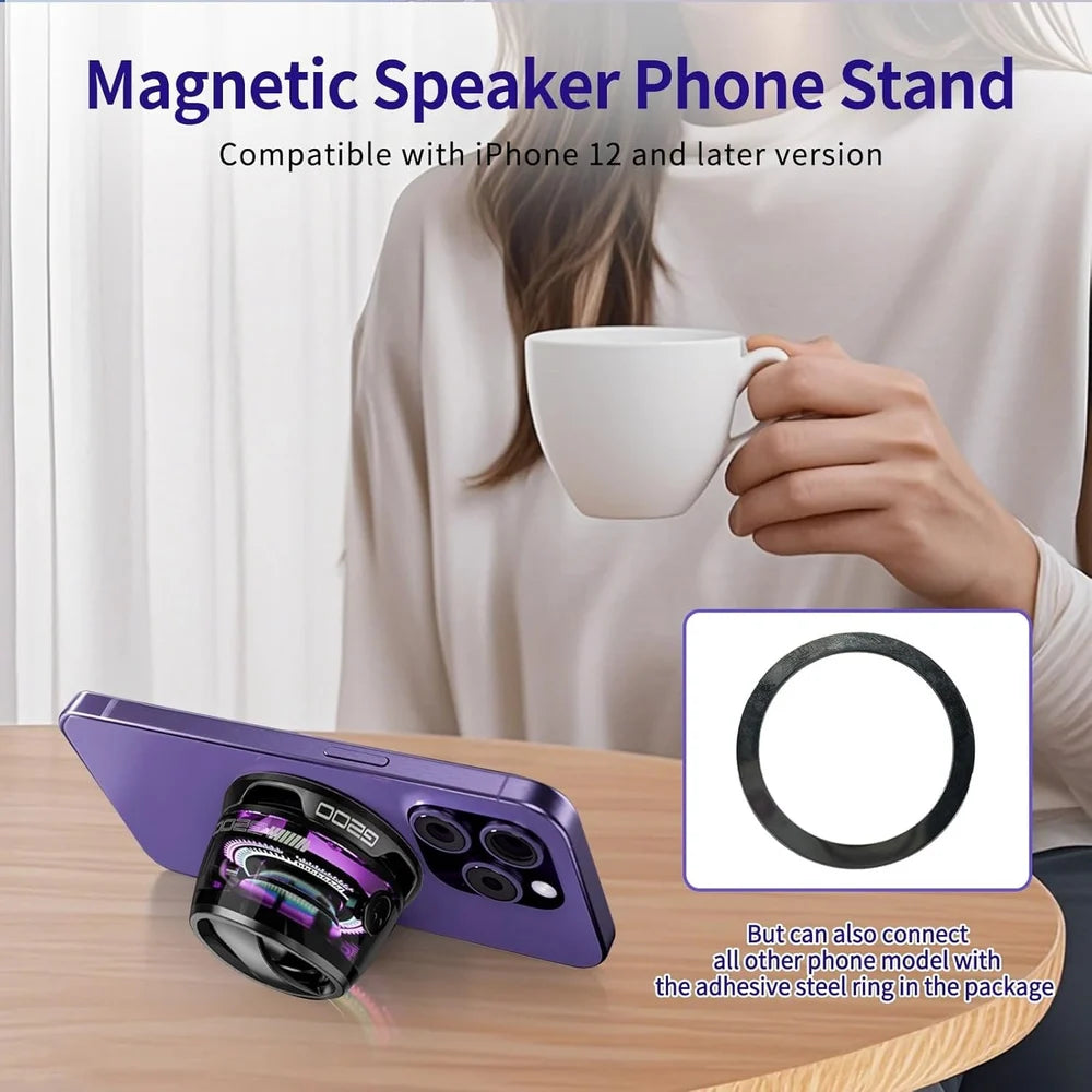 Voxa: Bluetooth Speaker with Magsafe Magnetic Mount, RGB Lights & Clear Transparent Design, Works as Phone Stand for Travel, Adventure & Gamers