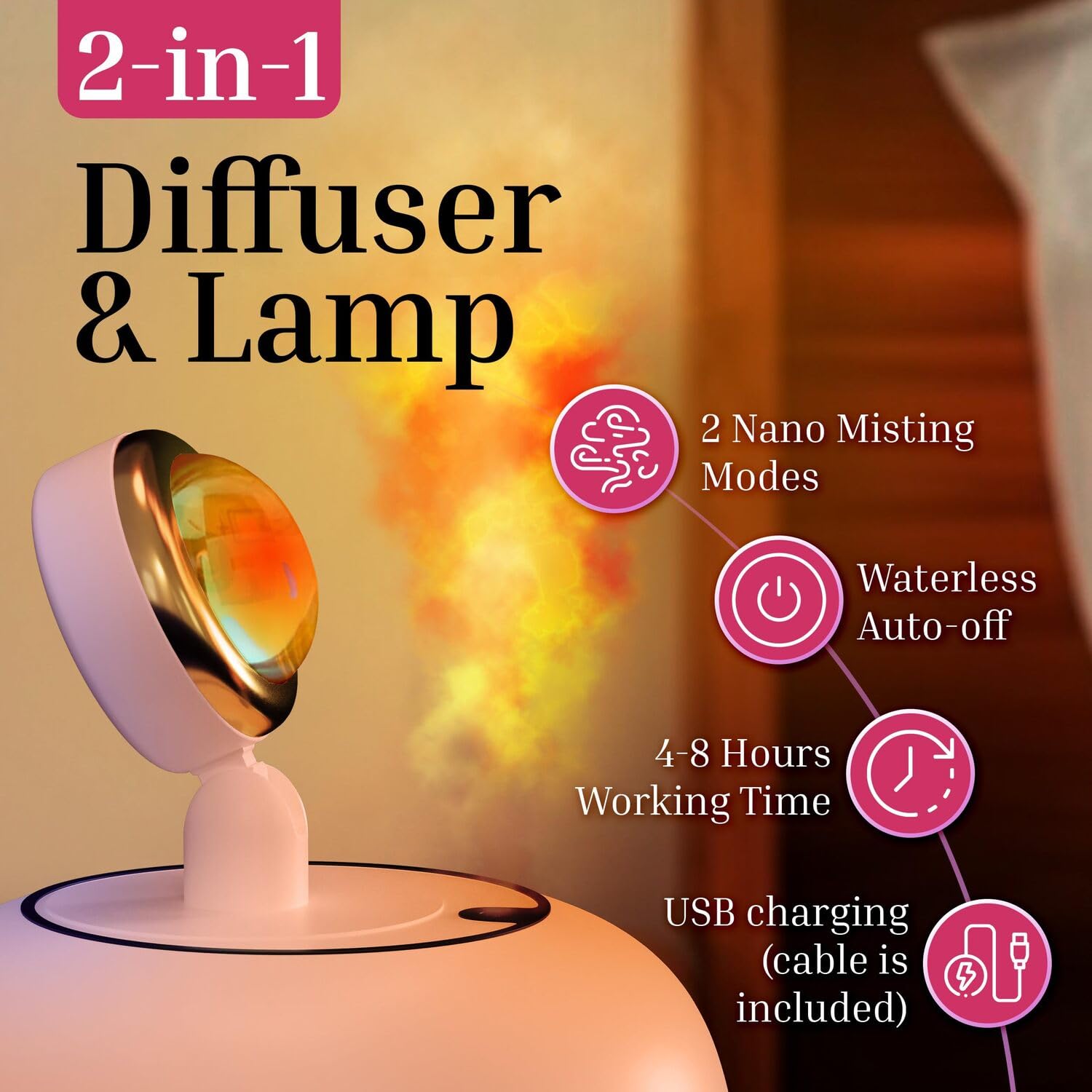 AuraMist: 2-in-1 Sunset Lamp & Cool Mist Humidifier USB Powered with Adjustable Mist Levels & 360° Rotatable Head